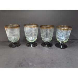 Etched Wheat Pattern Goblets Set, Antique Glasses, Ruby Red Rim Base, Set‎ of 4